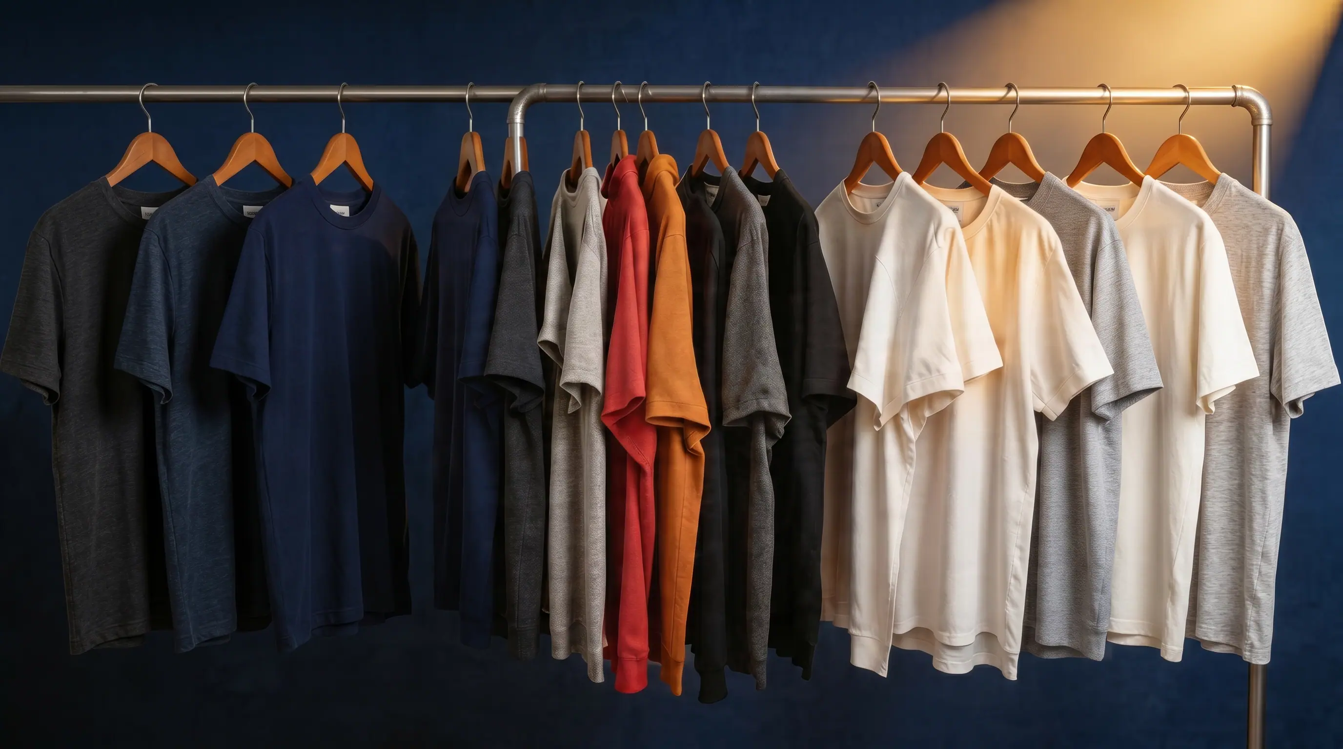 Collection of custom knitted t-shirts manufactured at Apex Corporation factory in Karachi Pakistan displayed on wooden hangers against a dark background